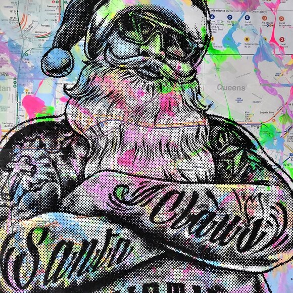 Handpainted Tattoo Santa Claus Acrylic artwork on NYC Subway Map Christmas Decor - Picture 3 of 6